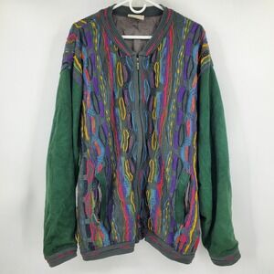 Coogi Australia Vintage 3D Knit Suede Sleeve Full Zip Bomber Jacket Mens 2XL